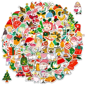 A vibrant assortment of festive Christmas stickers featuring gnomes, trees and Santa