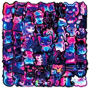 Neon Cat Stickers Waterproof Cyberpunk Style Cartoon Decals For Laptop Notebook Water Bottle Suitcase Guitar Decoration