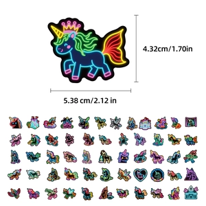 Macro view of neon unicorn stickers set with dimensions and colorful glowing patterns