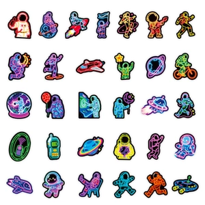 Set of 30 neon style astronaut stickers with colorful spaceship and planet designs