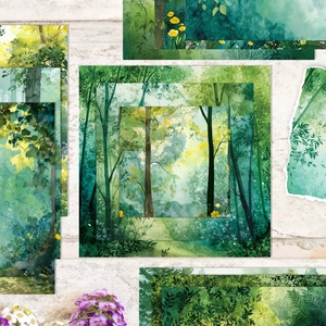 Detailed view of forest theme watercolor scrapbooking paper set with various textures