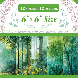 Detail of 12 forest-themed 6x6 inch watercolor scrapbooking papers with green flora patterns