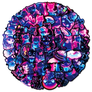 Set of 56 neon cat graffiti stickers with waterproof cyberpunk pink and blue designs