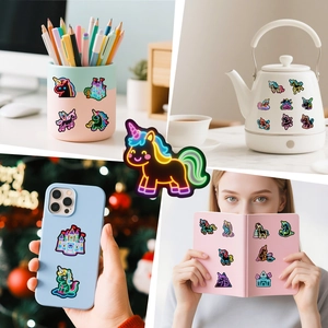 Neon unicorn stickers shown on various items like laptop and phone for DIY decoration
