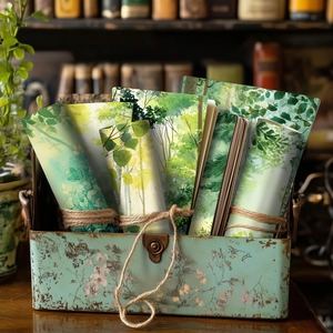 Detail of vintage forest painting paper set in a blue metal box with twine decoration