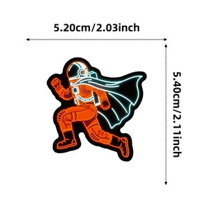 Detailed view of neon astronaut sticker with precise dimensions for laptop decoration