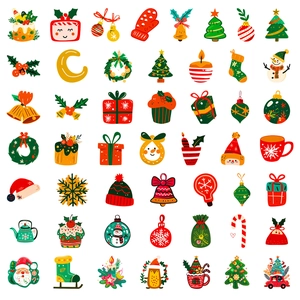 Detailed grid of 49 colorful hand-drawn Christmas stickers for DIY laptop decoration