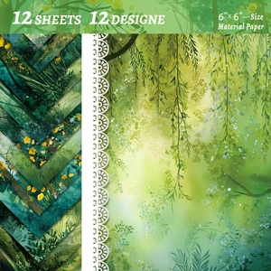 Set of 12 green forest oil painting scrapbook papers showing floral designs and patterns