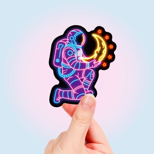 Neon astronaut sticker with moon and stars for laptop, waterproof graffiti design
