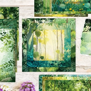 Macro detail of forest watercolor scrapbook paper with natural torn edges and greenery