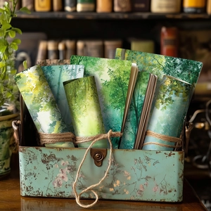 Detail of forest oil painting paper pack tied with twine in a vintage metal storage box