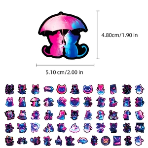 Detailed view of 50 neon cat stickers in various cute poses with dimensions and patterns