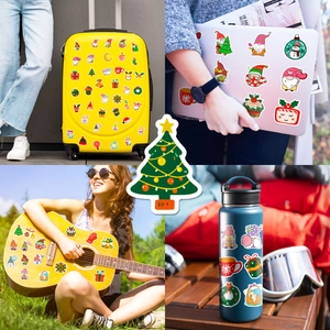Detail shots of Christmas gnome stickers on a laptop, suitcase, guitar and water bottle