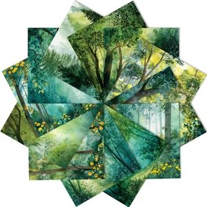 Macro shot of forest oil painting paper featuring green watercolor trees and leaves