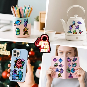 Neon astronaut stickers shown on daily items like phones and laptops for decoration