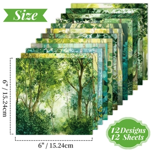 Forest oil painting scrapbook paper pack with 12 green watercolor designs 6x6 inches