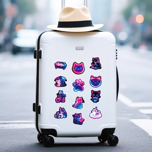 Neon cat stickers applied on white suitcase featuring blue and pink cyberpunk designs