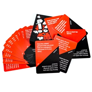 Detailed fan layout of English Truth or Dare party game cards with red and black design