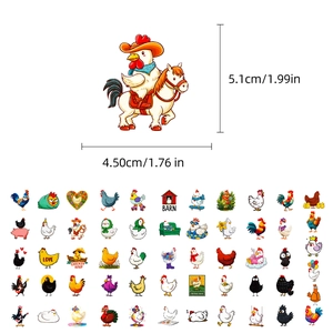 Detail showing various funny cartoon chicken stickers with precise size measurements