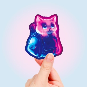 Close-up of a neon pink cartoon cat sticker in a blue backpack with waterproof PVC finish