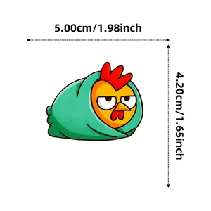 Detailed size view of funny cartoon chicken sticker with 5.00cm width and 4.20cm height