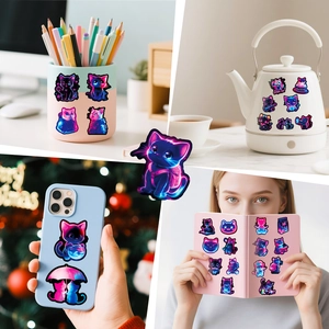 Neon cartoon cat stickers applied to phone cases, water bottles, and stationery décor