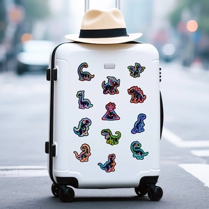 Neon dinosaur cartoon graffiti stickers applied on a white suitcase for decoration