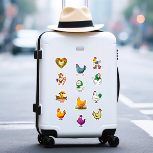 Funny chicken cartoon stickers applied on a white suitcase for creative travel decoration