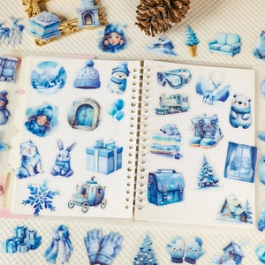 56 adesivi PET invernali blu con orsi polari, pupazzi di neve e motivi di alci per scrapbooking