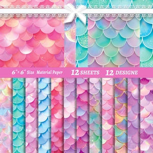 Vista dettagliata di 12 fogli di carta con motivo a squame di sirena per scrapbooking 6x6