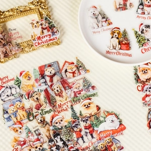 56Pcs cute Christmas dog PET stickers with golden frame for holiday decoration