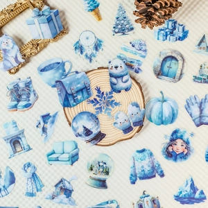Set di adesivi invernali in PET con orsi polari, fiocchi di neve e motivi blu acquerello