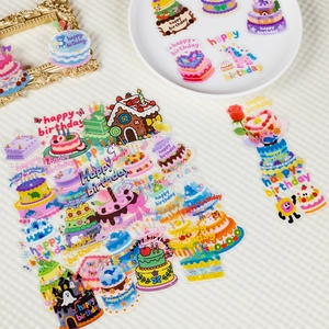 56Pcs colorful birthday cake and unicorn PET clear stickers set with gold accents