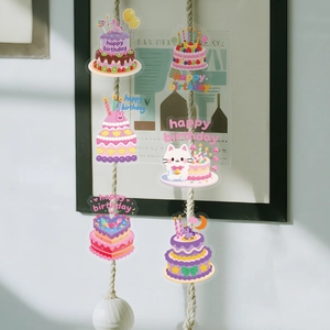 Detail of 6 cartoon birthday cake PET stickers with Happy Birthday text on clear material