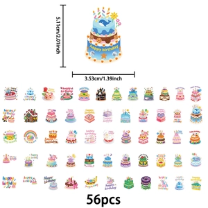 56-piece waterproof cartoon birthday cake stickers set for party favors and DIY crafts