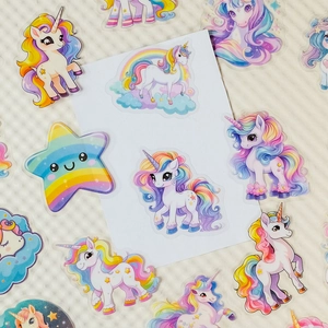 Detailed view of colorful unicorn and rainbow transparent PET stickers for DIY crafts