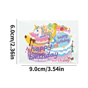 Detailed size chart showing 9x6cm dimensions for cartoon PET birthday cake stickers