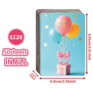 50-pack of cute cartoon Happy Birthday cards with colorful balloons and stars