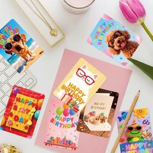 Set of 50 cute cartoon Happy Birthday cards with assorted animal designs and balloons