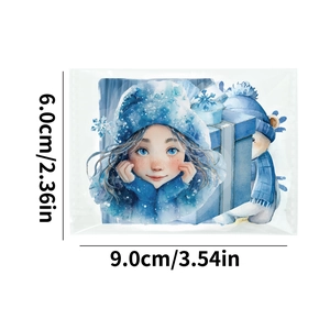 Vista dettagliata degli adesivi PET invernali blu con dimensioni e motivi di pupazzo