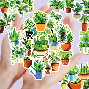 Pack of 56 fresh green potted plant stickers for laptops and journal decoration
