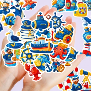 Vibrant nautical cartoon stickers set featuring ships and sea life for DIY decoration