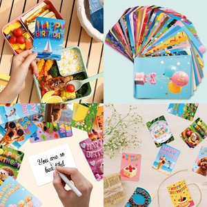 Detailed views of diverse birthday greeting cards with colorful illustrations and blank interiors
