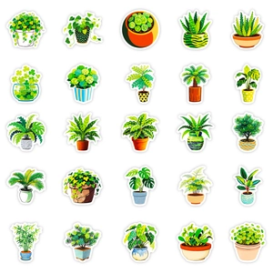 Set of 56 aesthetic green potted plant stickers for laptops and journals decoration