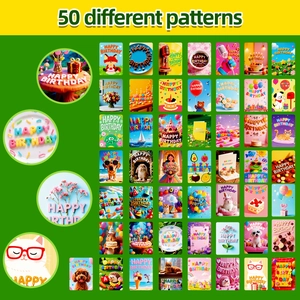 Close-up detail of 50 unique happy birthday cards with cute cartoon patterns and vibrant colors