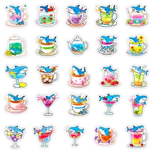 Set of 25 cute cartoon shark stickers with drinks and cups for laptops and journals