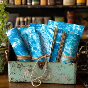 Close-up of blue water ripple pattern stationery paper rolls tied with natural twine