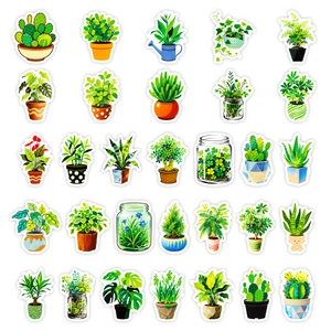 56 pieces of green potted plant stickers for laptops and journals with botanical designs