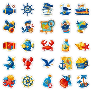 25-piece nautical cartoon sticker set featuring ships, sea life, and marine maps for decor