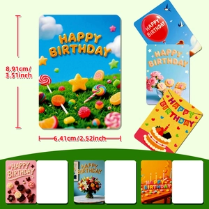 Detailed view of colorful Happy Birthday cards showing 8.91x6.41cm product dimensions
